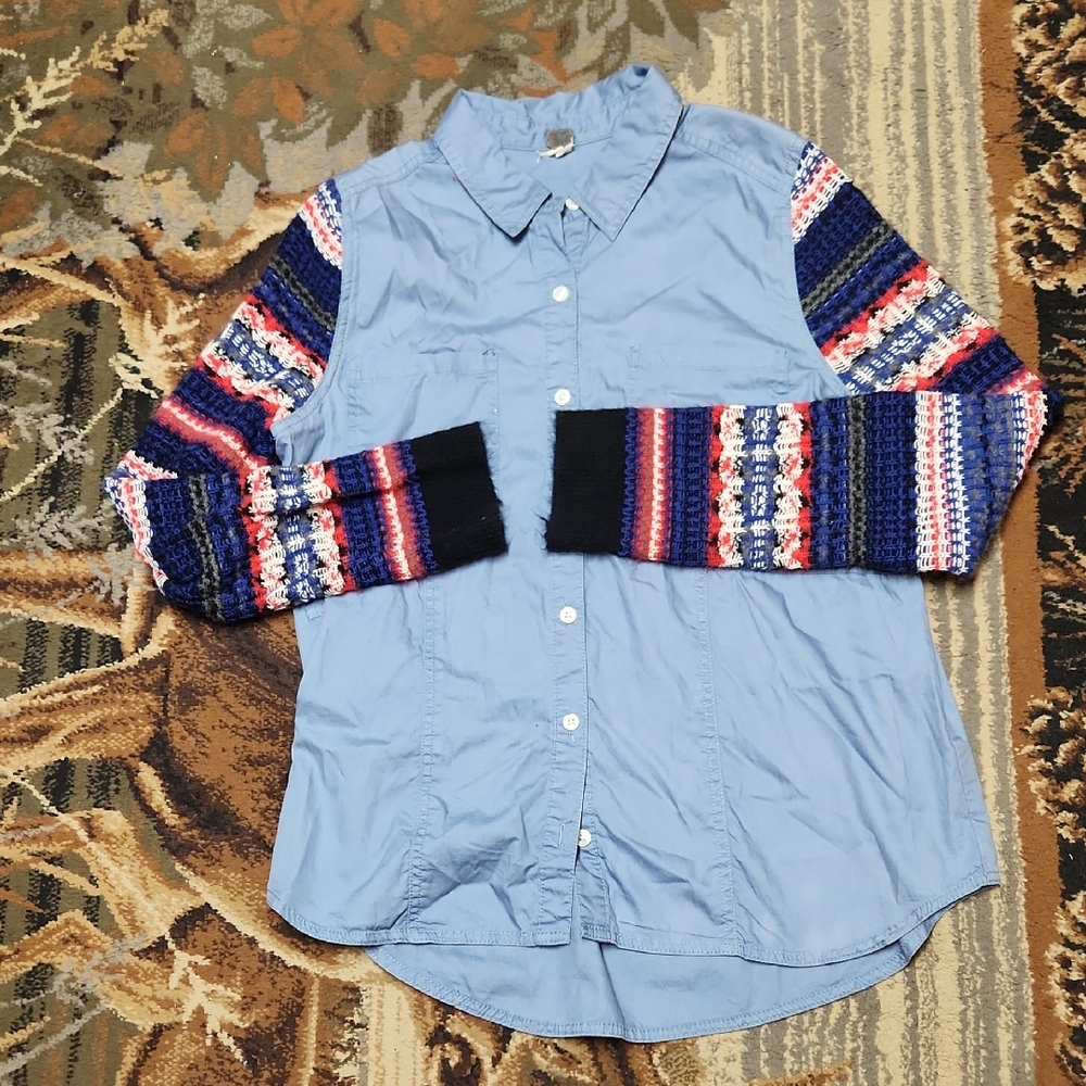 We The Free Blue Button Down Shirt with Multicolor Sleeves